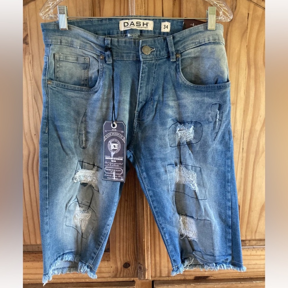 Men's DASH Denim blue distressed frayed hem jean denim shorts size 34 - NWT